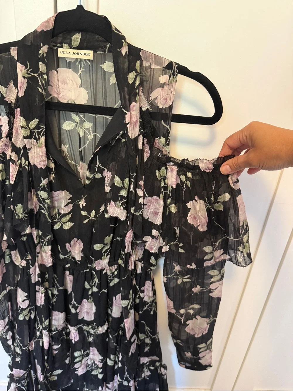 Ulla Johnson Marion Dress Silk Chiffon Cold Shoulder Black w Blush Floral Size 0 - Picture 7 of 14